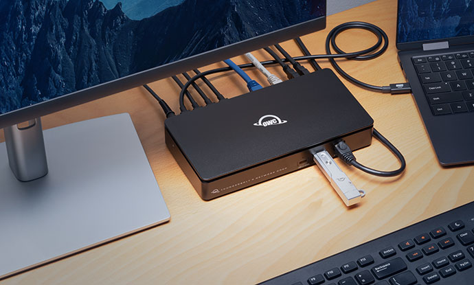 owc thunderbolt 5 dual 10gbe dock rightfacing closeup lifestyle
