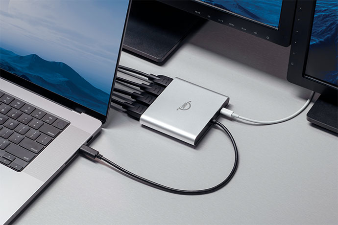 owc usbc quad hdmi 4k display adapter lifestyle plugged in
